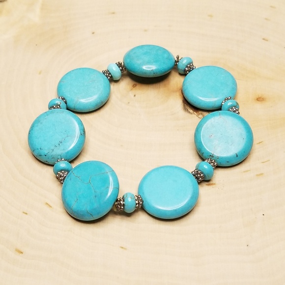 Southwest Blue Faux Turquoise Disc Bead Bracelet - Picture 2 of 5